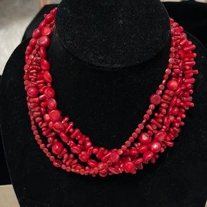 Multi row Red Beaded Necklace w/Earrings